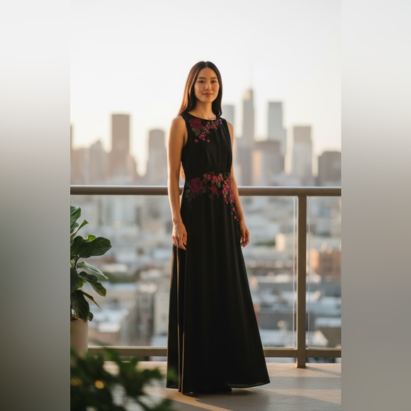 Adrianna Papell Evening Black and Red Sleeveless Beaded Floral Gown Size 6P EUC - Picture 12 of 12